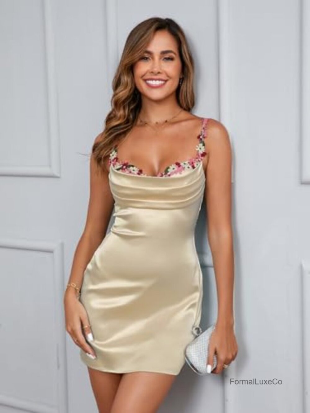 Satin Spaghetti Strap Mini Dress Floral Sleeveless Formal Wedding Guest Club - Picture 3 of 7